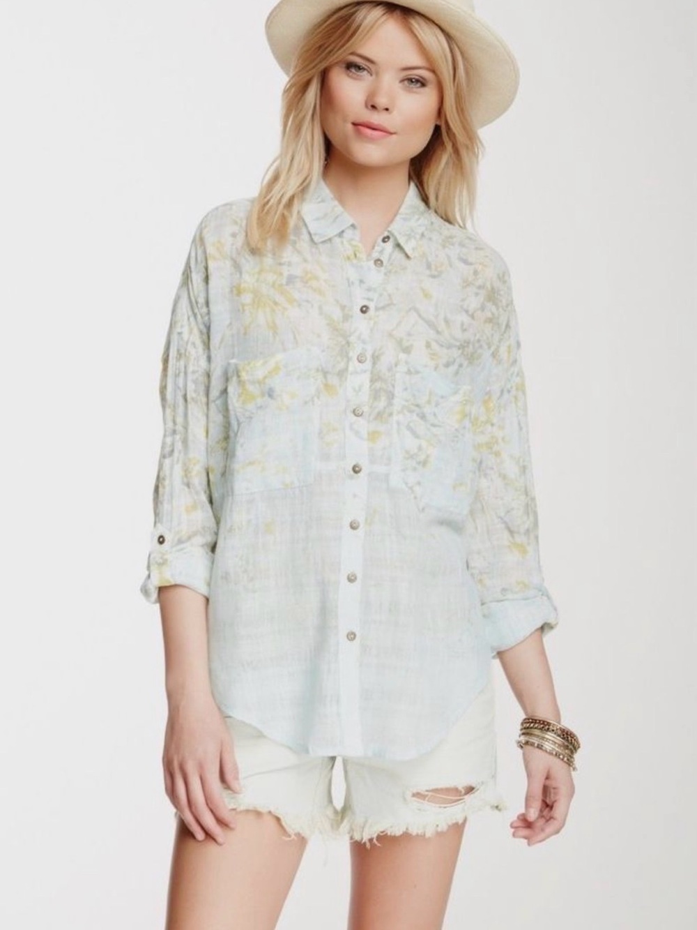 Free People Shibori Siren Cotton Gauze Split Back Button Down Shirt Large EUC